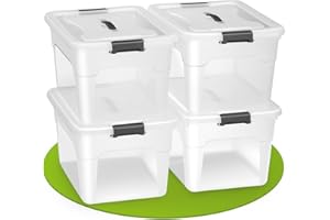 Juskys Boîte de rangement avec couvercle - ensemble de 4 boîtes en plastique de 30 l - grande boîte, empilable, transparente - rangement système de rangement boîtes de rangement