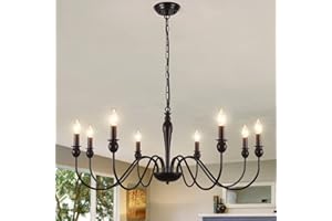 ‎ASHUAQI Kronleuchter Schwarz 8 Flammig Kronleuchter Vintage, Klassische Kerze Pendelleuchte Esstisch, Deckenlampe Wohnzimmer Hängend mit E14 Fassung, Hängelampe für Wohnzimmer Schlafzimmer Küche Flur