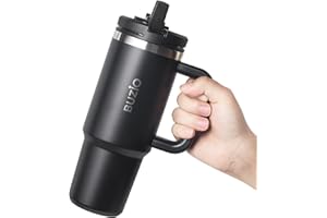 BUZIO 40oz Tumbler with Straw and Lid Travel Mug with Handle Insulated Tumbler with Straw Car Coffee Mug Travel Flask Leak Proof Insulated Tumbler for Cold and Hot Drink, Black