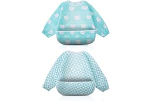 Little Dimsum Weaning Bibs Set with Sleeves,Long Sleeved Waterproof Toddlers Feeding Bib Apron,Food Protection Large Pocket Overalls 6-36 Months (LS/Blue)