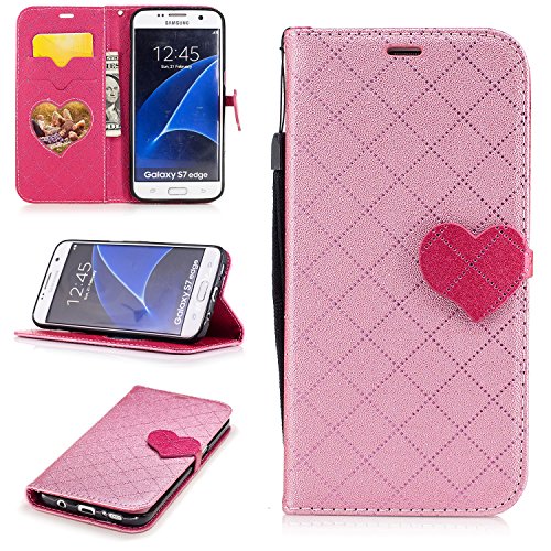 Preisvergleich Produktbild Lonchee Samsung Galaxy S7 edge Wallet Tasche Brieftasche Schutzhülle,Liebesschnalle Farbabstimmung Design Hochwertige PU Leder Folio Tasche Case Hülle im Bookstyle mit Standfunktion Kredit Kartenfächer Abnehmbare Handschlaufe(Rosa)