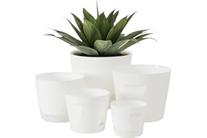 Outigu 5 Pack Plastic Planters with Drainage, Self Watering Pots for Indoor Plants, Small Cute Plastic Pots in 5 Sizes, Ideal for Indoor Plants (White)