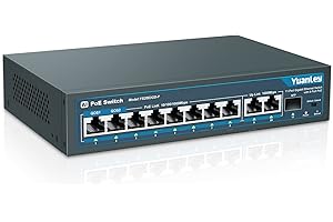 YuanLey 11 Puertos PoE Gigabit Switch, 8 Puertos PoE+, 2 Gigabit Uplink, 1 Puerto SFP, 120W 802.3af/at, Metal, Qos, Conmutador Ethernet de Detección Inteligente AI Plug and Play no Administrado