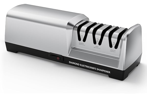 HIUYRFS Aiguiseur de Couteaux électrique Professionnel à 3 Niveaux, Disques Diamantés, Protection Contre la Surchauffe, Moteur Silencieux, Affûtage Rapide pour Couteaux de Cuisine (Argent)