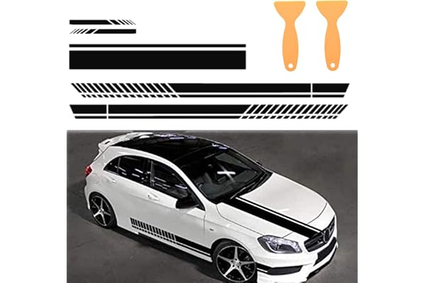 AzulLanse 5 Pcs Autocollant De Bande De Capot De Voiture Décalque Graphique Vinyle Auto Body Racing Rétroviseur Autocollant Décoration De Voiture Compatible avec Taille Libre + 2 Grattoir (Noir)