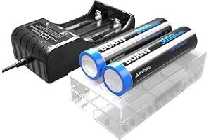 BOANV [3600mAh] Pack de 2 piles pour batterie supérieure plate de 3.7v à dessus plat avec Chargeur à 2 emplacements, Batterie Plate Rechargeable pour Lampe de Poche Appareil Photo, Lampe Frontale (IB-65O)