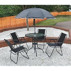 Garden Mile® Salon de jardin 6 pièces, Pour terrasse, jardin, Comprend une table à manger, 4 chaises pliantes et 1 parasol.Ensemble de meubles de jardin noir avec 4 chaises.