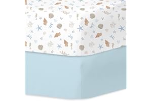 Little Grape Land Pack of 2 Baby Cot Fitted Sheets 70 x 140 cm - Microfibre, Soft & Breathable, Elasticated Edging, Easy Care, Shells/Shell Blue