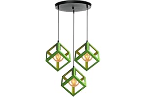 PETITES ECREVISSES Lampada a Sospensione E27 Industriale Vintage Lampadario soggiorno Forma Cubo Gabbia Metallo Paralume Ø22cm Retrò Lampada da soffitto Cucina Soggiorno (Verde, una base di 30 cm)