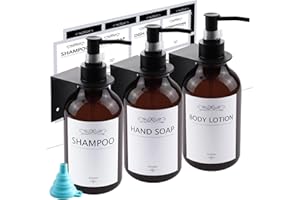 ROSELEE 3 Piezas Dispensador Jabon con 3 Soportes Sin Taladrar, de Gel y Champu Ducha con Bomba y Etiquetas Impermeables Dispensador de Champú para Cocina y Baño (500ml)