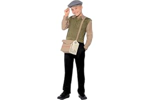 Smiffys Evacuee Boy Kit, Green with Jumper, Attached Mock Shirt, Hat, Bag and Tag, Boys Fancy Dress, 1940s Dress Up Costumes