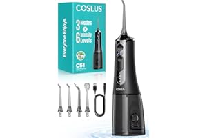 COSLUS Jet Dentaire Hydropulseur Irrigateur Oral: 3 Modes & 18Niveaux, Pic Dentaire Eau pour Orthodontie, Appareil Dentaire, Gencives Sensibles, Compact pour Voyage, Usage Familial,Noir Brillant,C51