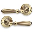 Infinity Decor Pair of Vintage Reeded Lever on Round Rose Aged Brass Finish Solid Brass Door Pull Handles Set – for Interior & Exterior Use