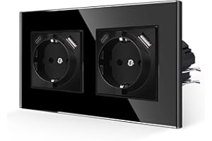 JIMEIDA Enchufes Dobles con USB en Negro,Enchufes de Vidrio de 16Amp con Carga Rápida USB y Puerto Tipo C Enchufe de Pared al Ras-157 * 86mm,250V