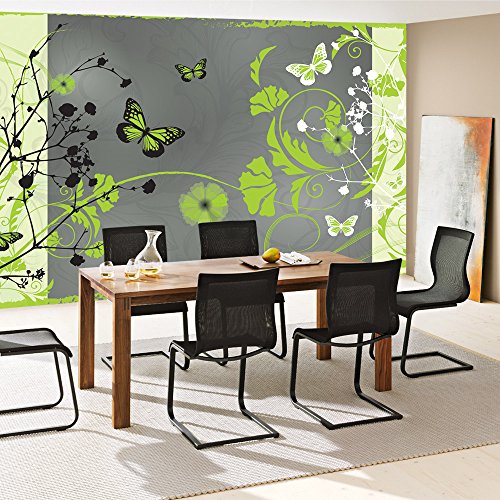 Fototapete 368×254 cm PREMIUM Wand Foto Tapete Wand Bild Papiertapete – Ornamente Tapete Blume Blüte Blätter Schmetterling Ranke grün – no. 2946 - 7