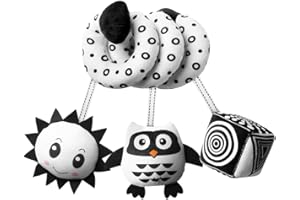 Aolso Spiral Pram Hanging Toys, Black and White, With Ringing Bell - Car Seat and Crib Sensory Activity Toy for Early Education, Owl Design