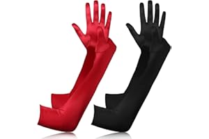 BBTO 2 Paia Guanti da Sera Elastici a Gomito in Spandex Guanti Lunghi Neri Rossi