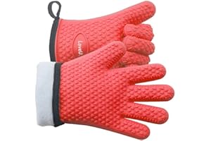LOVEUING Silicone Oven Gloves Heat Resistant, Silicone & Cotton Double Layer BBQ Gloves Non-slip Kitchen Gloves Waterproof Flexible Oven Mitts - Perfect for Baking Barbecue Pizza, 1 pair