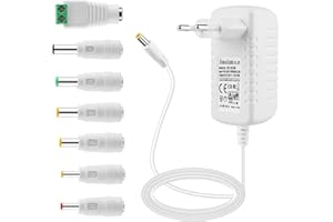 EFISH Biały zasilacz DC 12 V 1,5 A 18 W z przełącznikiem, AC 100-240 V do DC 12 V kabel sieciowy przenośna ładowarka do pasków LED, akwarium rybackiego, radiobudzia, skanera, głośników, 7 różnych głowic adaptera