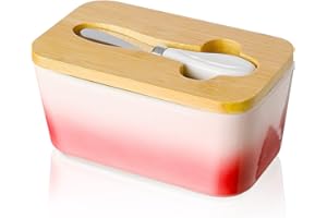 Candiicap Burriera in Porcellana con Coperchio in Legno e Coltello da Burro, Portaburro per Il Frigo, Contenitore per Tutti i Tipi di Burro (Rosa Sakura)