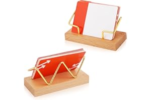 NQEUEPN 2pcs Wood Business Card Holder, Metal Business Card Display Holders Creative Business Card Stand Golden Name Card Stand for Women Men Office Desktop Desk Counter Conference Tables (Beech)