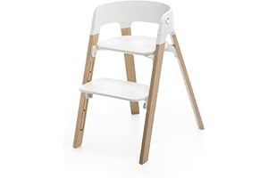 Krzesełko Stokke Steps z naturalnymi nogami i białym siedziskiem - system 5w1 - przekształca się w krzesełko dla noworodka i niemowlęcia - do użytku przez całe dzieciństwo lub do 85 kg