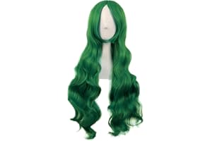 MapofBeauty 31 Pulgada/80 cm Monochrom Largo Natural Rizo Sintética Fibras Side Flequillo de Cosplay Rizo Peluca (Hierba Verde)