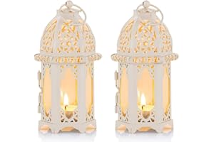 Nuptio Ramadan Laterne Deko Marokkanischen - Metall Glas Kleine Teelichthalter Kerze Laterne 2 Stück Tischdeko Ramadan Dekoration Ideal für Terrasse Drinnen Draußen Partys Weiß Marokkanische Lampe