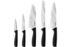 hecef Set Coltelli Cucina Professionale con Guaine Protettive, lame in Acciaio Inossidabile con Rivestimento in Marmo Bianco, 5 Pezzi Set di Coltelli da Chef per la casa, la cucina e il campeggio