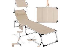 TecTake® Chaise Longue Pliante Bain de Soleil Exterieur avec Pare Soleil, Appuie-tête & Poche Latérale - Inclinable Transat de Plage Relax Jardin Camping Salon de Jardin
