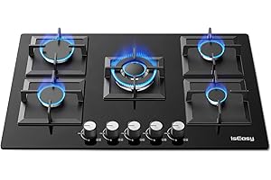 ISEASY Plaque de Cuisson Gaz 5 Feux Encastrable, Table de Cuisson à Gaz 5 Feux Noir -Supports en Fonte - Gazs ville et bouteille- NG/LPG
