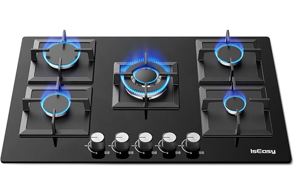 Plaque de Cuisson Gaz 5 Feux Encastrable, Table de Cuisson à Gaz 5 Feux Noir -Supports en Fonte - Gazs ville et bouteille- NG/LPG