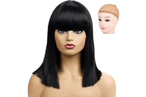 GWAWG 15.7 Inch/40 cm Straight Black Wigs with Bangs,Short Synthetic Hair Bobs Wig for Cosplay, Parties, and Halloween; Shoulder Length