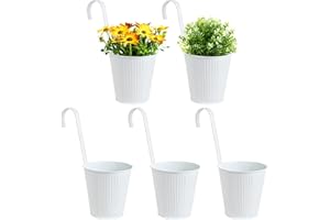 BOOMTOP 5pcs Maceta Colgante Metal Blanca, Maceta Cubo Flores Plantas, Cubo Macetero con Gancho Extraíble, Maceta Cubo Planta Jardín Pared Balcón Valla Hogar Patio Exterior Interior, con Agujero