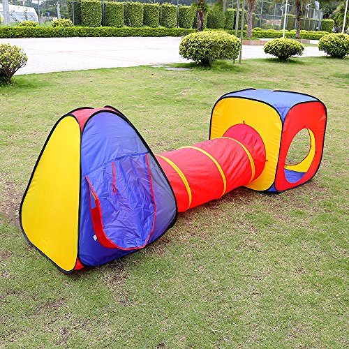 Kids Paly Tent tunnel Set,Zipom 3 in 1 Pop Up Children Play Tunnel Tent House with 1 Tunnel, 2 Tents and Zipper Storage Bag for Girls & Boys Indoor and Outdoor Garden Use