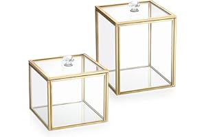 SUMTree Qtip Lot de 2 distributeurs de boules de coton en verre doré avec couvercle, pour coton-tige de salle de bain avec poignée en cristal, bocal de rangement en verre pour coiffeuse de cuisine et