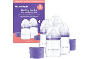 Lansinoh Anti Colic Baby Bottles - 160ml - NaturalWave® Medium Flow Teats Reduces Nipple Confusion + New Stackable Lid Breast Milk Storage Bottles Breastfeeding Bottle Feeding - Baby Bottle 4-Pack