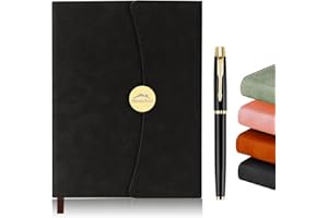 WEEKSUN A5 Leather Notebook, Round Buckle Magnetic Retro Executive Notebooks with Pen, 100Gsm Lined Journal Book, Suitable for Students, Teachers, Office Workers(Black)