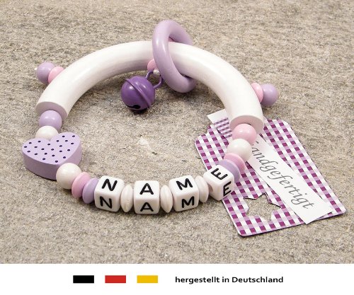 Baby Greifling Beißring halbrund mit Namen | individuelles Holz Lernspielzeug als Geschenk zur Geburt & Taufe | Mädchen Motiv Herz in flieder - 2