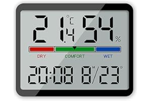 ALLOMN Higrómetro interior, medidor de humedad digital, medidor de temperatura preciso, pantalla LCD grande, medidor de humedad, termómetro con reloj para invernadero en casa (negro)