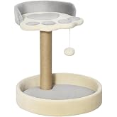 PawHut Tree Scratching Post for Cats 2 Beds Jute Post 44 cm Light Grey | Cat Tree Climbing Tower Hanging Toy