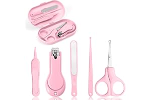 Vicloon Juego de Cuidado para Guardería, 5 en 1 Kit de Corta Uñas para Bebe Cuidado de Uñas, Manicura para Bebe, Juego de Pedicura para Bebé, Con Tijera de Seguridad + Lima para Uñas + Pinzas (Rosa)
