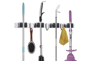 TUOHBOVA Colgador de Escobas y Fregonas de Acero Inoxidable, Organizador Adhesivos Soporte para Fregonas y Cepillas con 4 Posiciones y 3 Ganchos para Cocina, Baño, Garaje,Negro