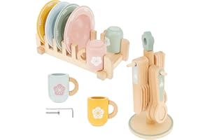 Gatphy Wooden Kitchen Toys, 22 Pcs Kid Wooden Dinnerware Toy Set, Wood Kids Kitchen Playset, Funny Toddler Cutlery Rack & Dish Rack Children Cutlery and Plate Toy Set for 3-5 Years Old