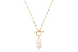 AOBEI PEARL Baroque Simulated Pearl Pendant Necklace 18K Gold Paperclip Chain Choker for Women Girls Large Mother of Pearl Charm Front Closure Jewelry 20”