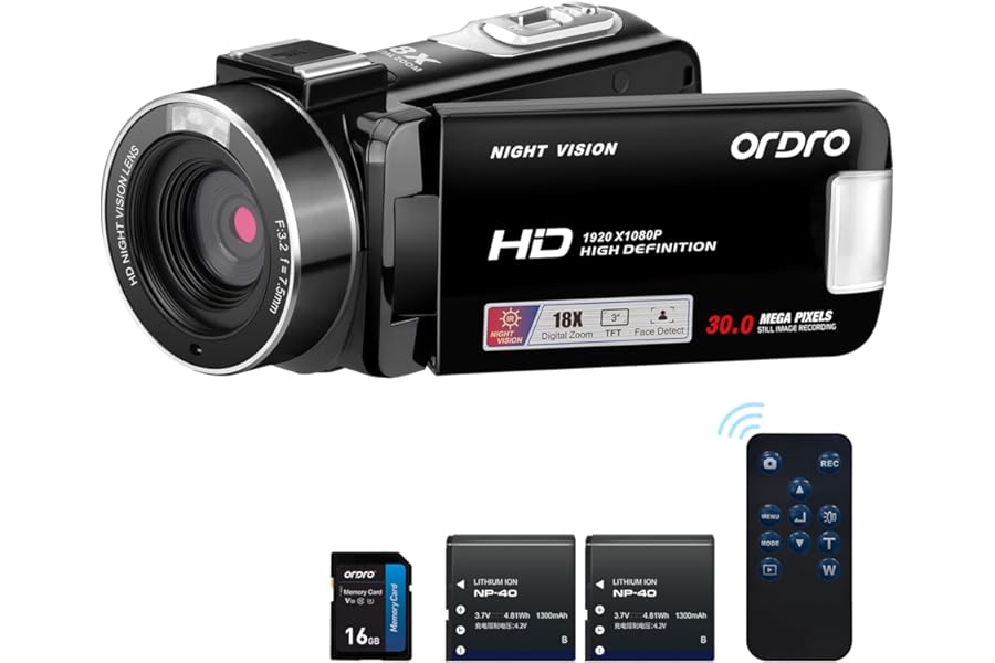 ORDRO B320 1080P Camcorder with 16GB Card, 18X Digital Zoom, Night Vision, 270° Rotatable Screen, Full HD 1080P 30MP Camera, 2 Batteries Black