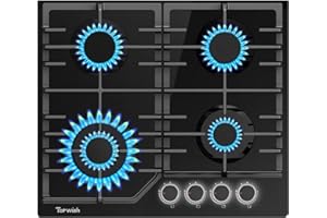 TOPWISH placa de gas 60cm, cocina de gas 4 fuegos, cocina empotrada con blanco mando giratorio iluminado, soportes de hierro fundido,NG/LPG convertible,válvulas de seguridad, encendido eléctrico,8000W