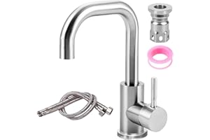 GBKDQQ Robinet de salle de bain en acier inoxydable - Rotatif à 360° - Robinet de lavabo - Robinet d'eau chaude et froide - Mitigeur lavabo pour salle de bain, WC, évier, cuisine - Couleur brossée