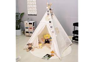 Triclicks Kids Teepee Play Tent - Indian Wigwam Children Tipi Play House - 100% Cotton Canvas Princess Girls Tent for Indoor and Outdoor (White Style C)