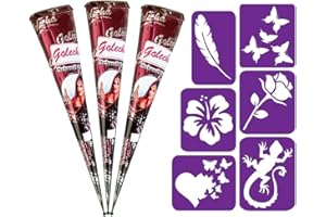 HANUMAN STORE 3x 30g Golecha 100% Natural Red-Brown Henna Mehendi Cone x + 6 stencils, No Chemicals, No PPD